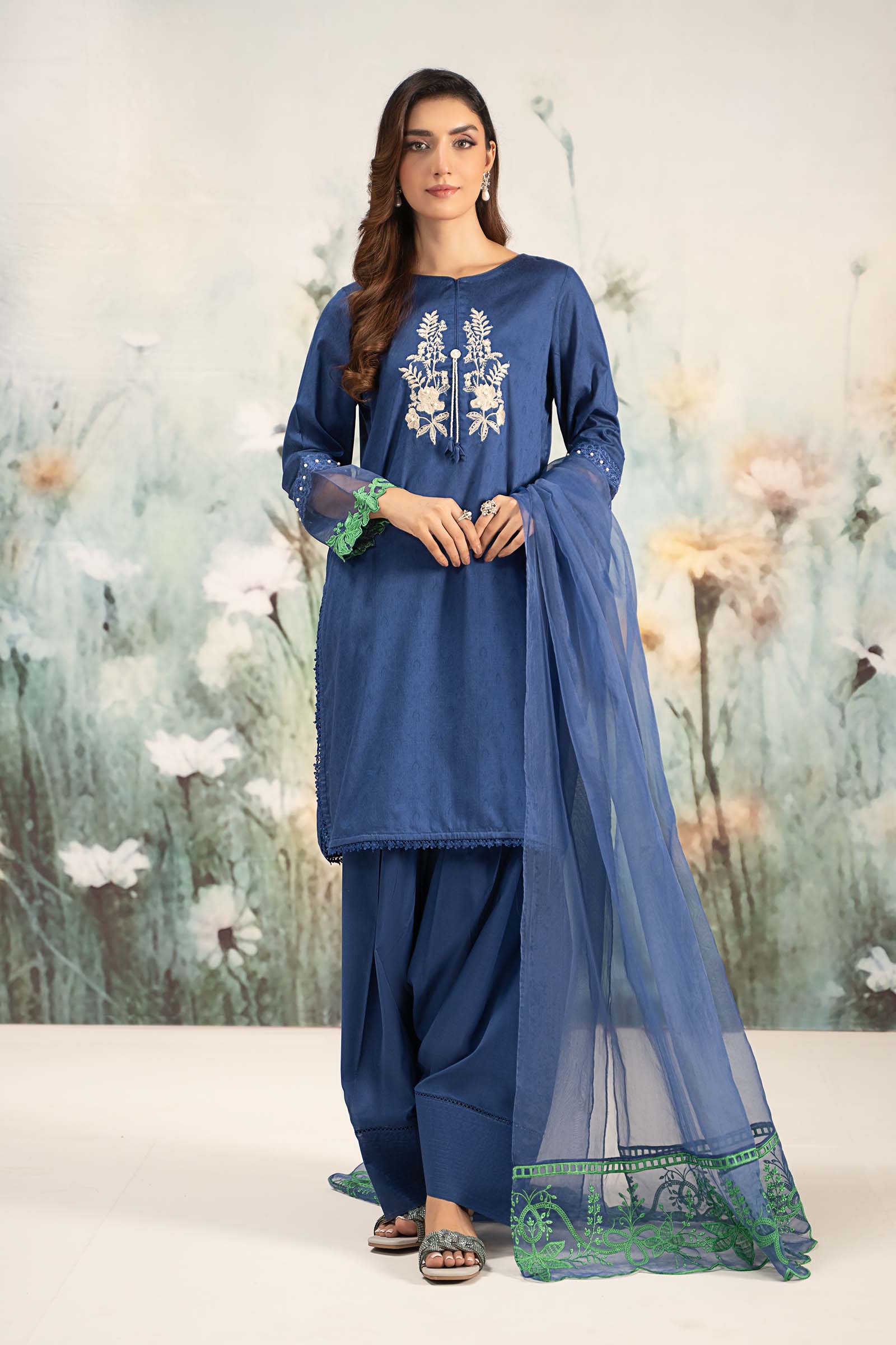 Blue Embroidered Self Jacquard Lawn Salwar Kameez (3-Piece) - Image 7