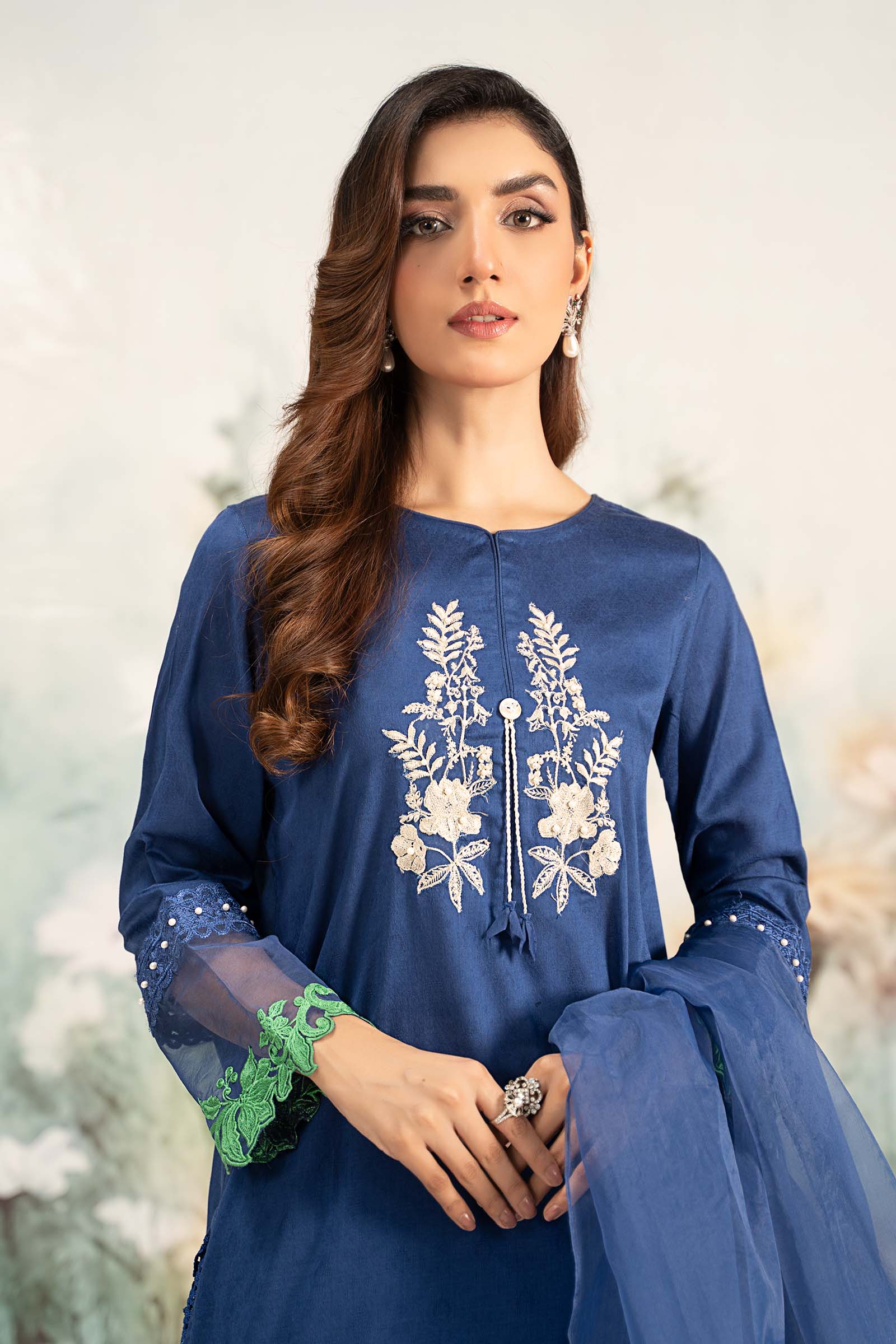 Blue Embroidered Self Jacquard Lawn Salwar Kameez (3-Piece) - Image 8