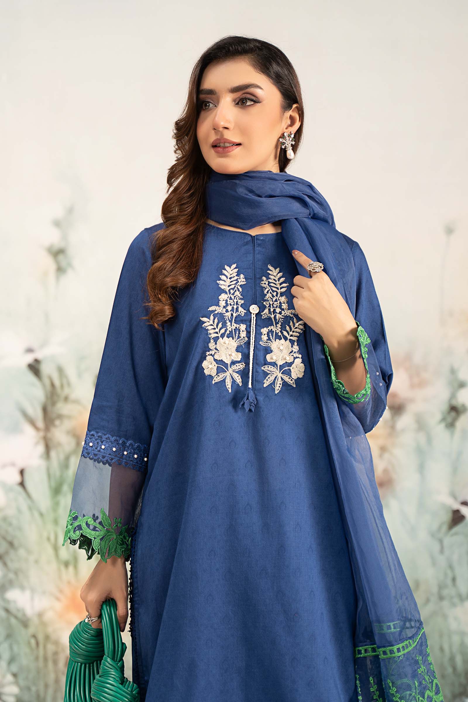 Blue Embroidered Self Jacquard Lawn Salwar Kameez (3-Piece) - Image 9