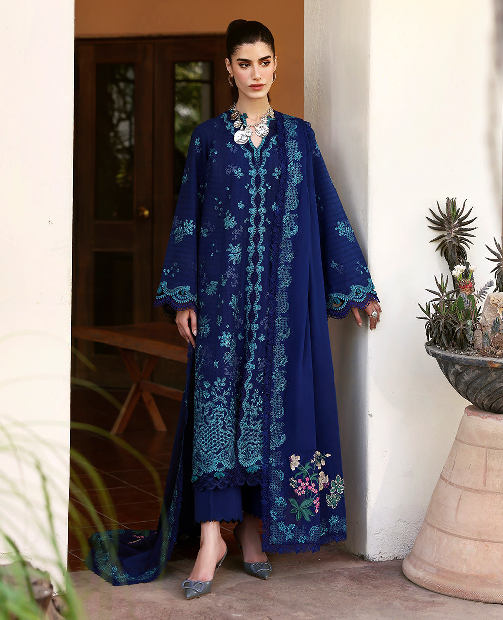 Deep Blue Embroidered Jacquard Long Shirt (3-Piece) - Image 1