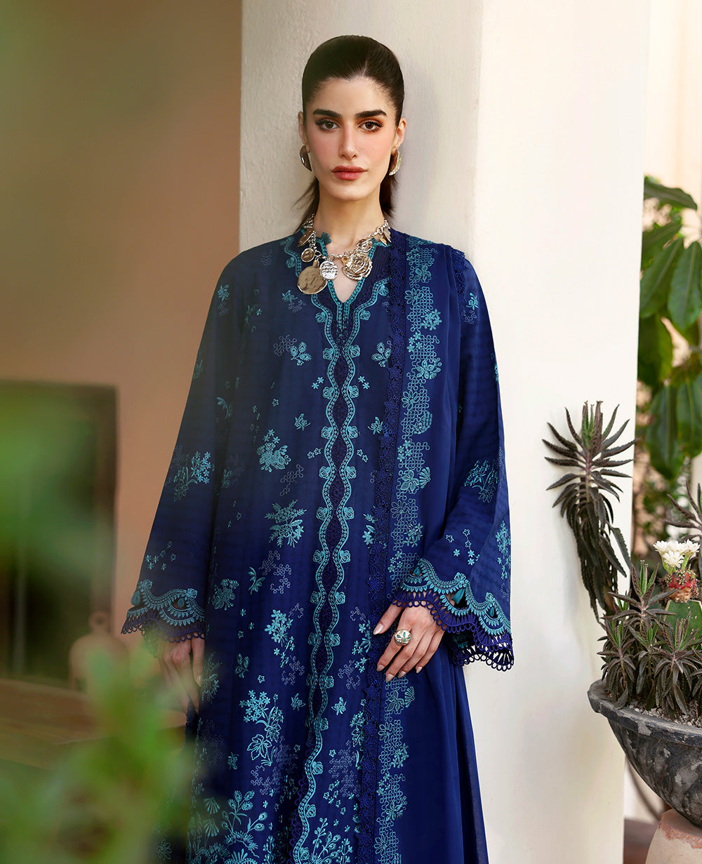 Deep Blue Embroidered Jacquard Long Shirt (3-Piece) - Image 3