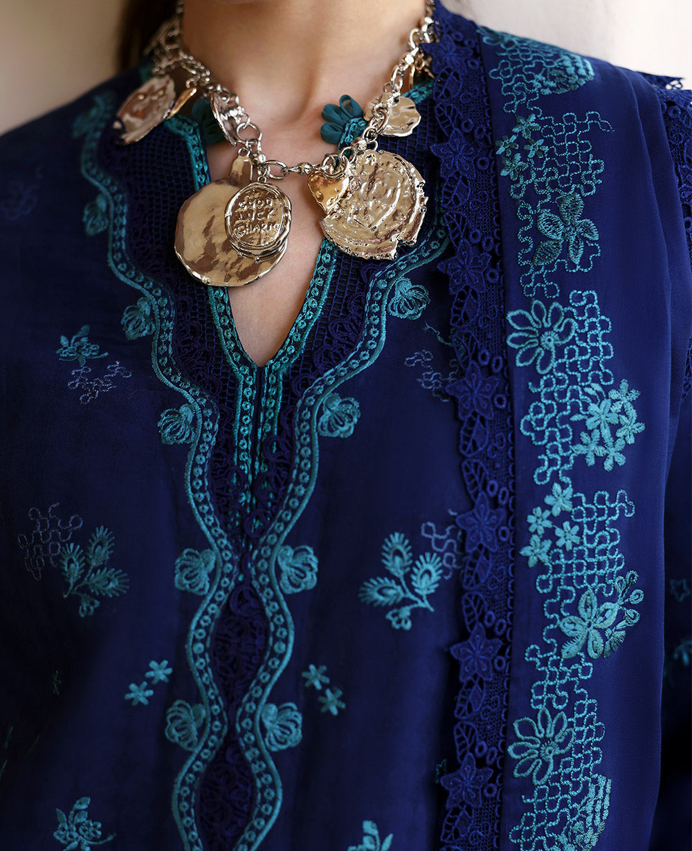 Deep Blue Embroidered Jacquard Long Shirt (3-Piece) - Image 5