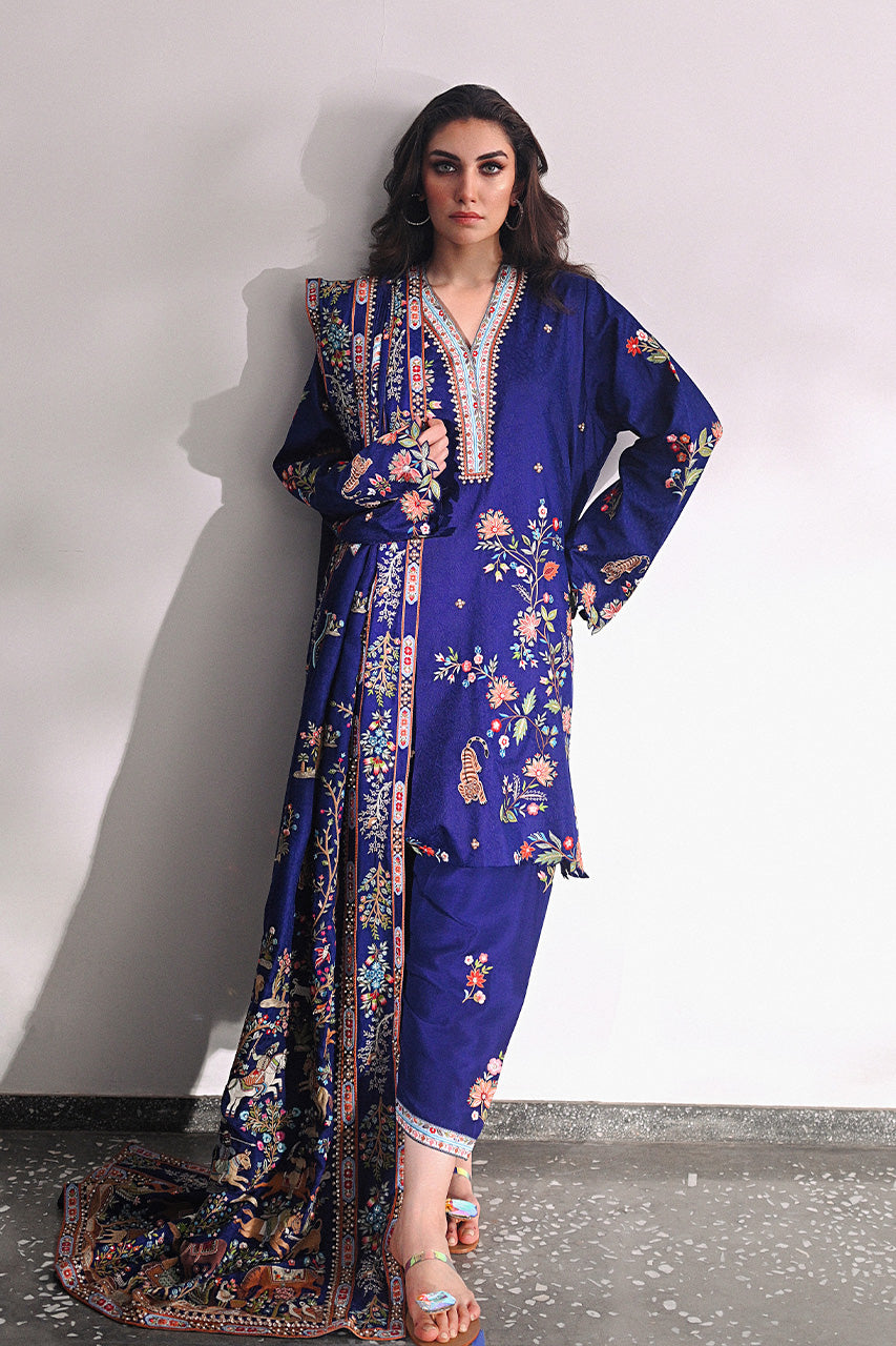 Pakistani Midnight Blue Embroidered Jamawar & Raw Silk Salwar Kameez (3-Piece) - Image 1