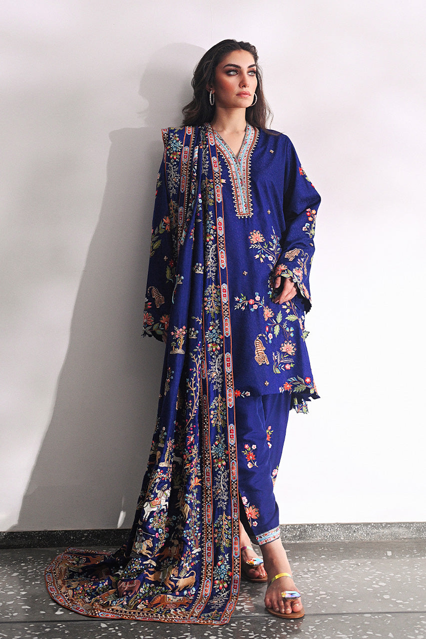 Pakistani Midnight Blue Embroidered Jamawar & Raw Silk Salwar Kameez (3-Piece) - Image 3