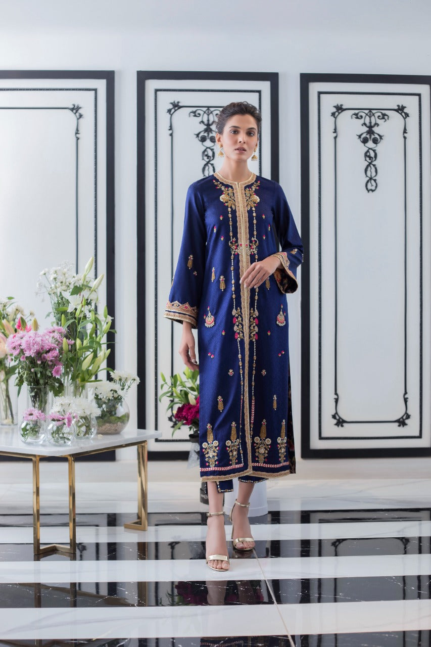 Midnight Blue Embroidered Jamawar Jacket & Trousers (2-Piece) - Image 1