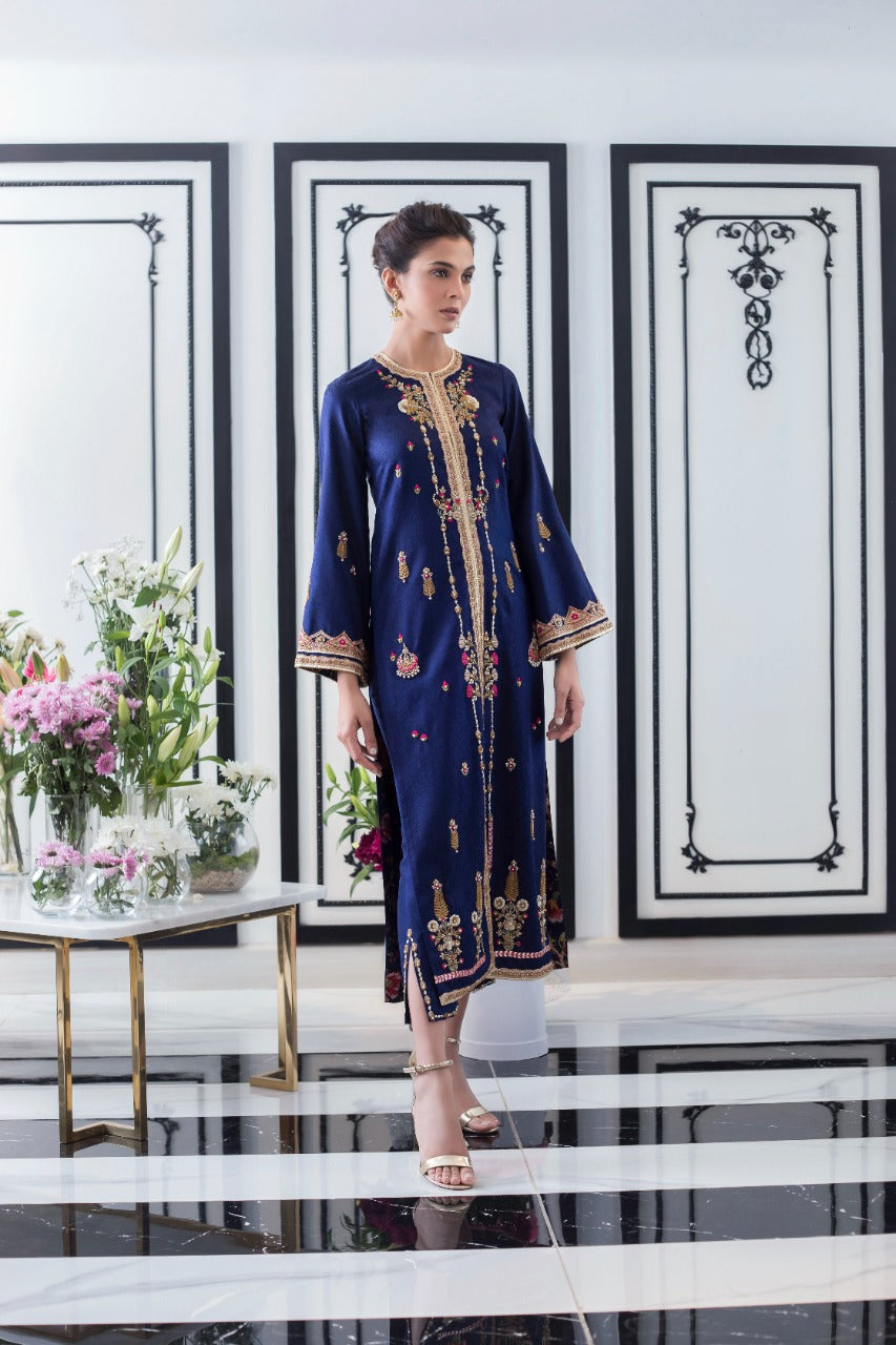 Midnight Blue Embroidered Jamawar Jacket & Trousers (2-Piece) - Image 4