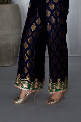 Deep Blue Gota Embellished Jamawar Pants (1-Pc) - Image 2
