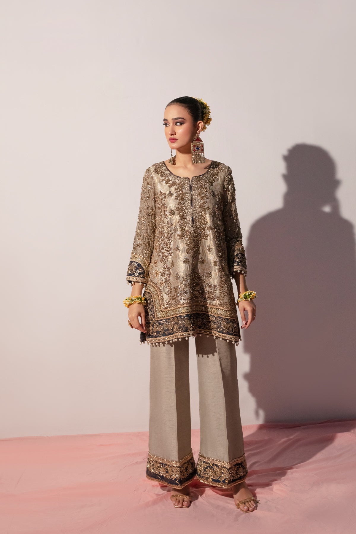 Grey Blue Embellished Jamawar Kurta (2-Piece) - Image 1