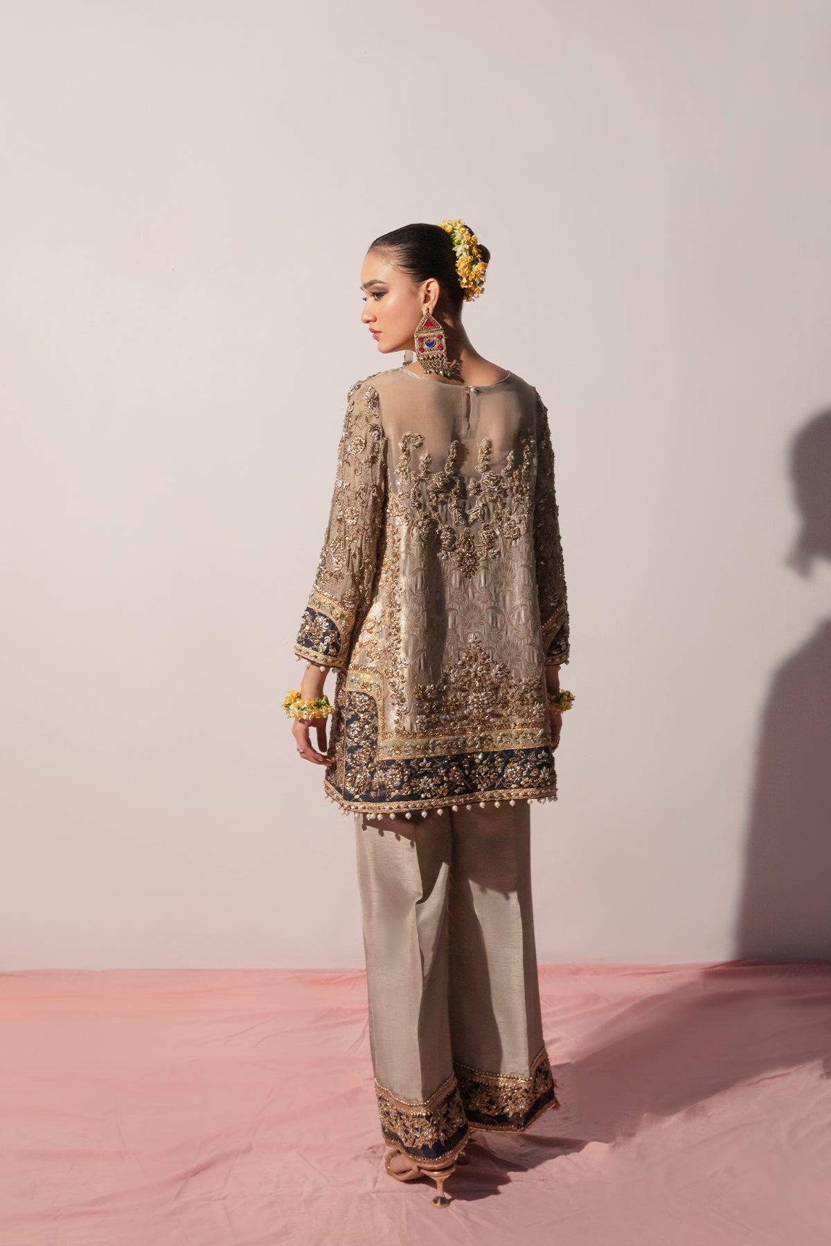 Grey Blue Embellished Jamawar Kurta (2-Piece) - Image 3