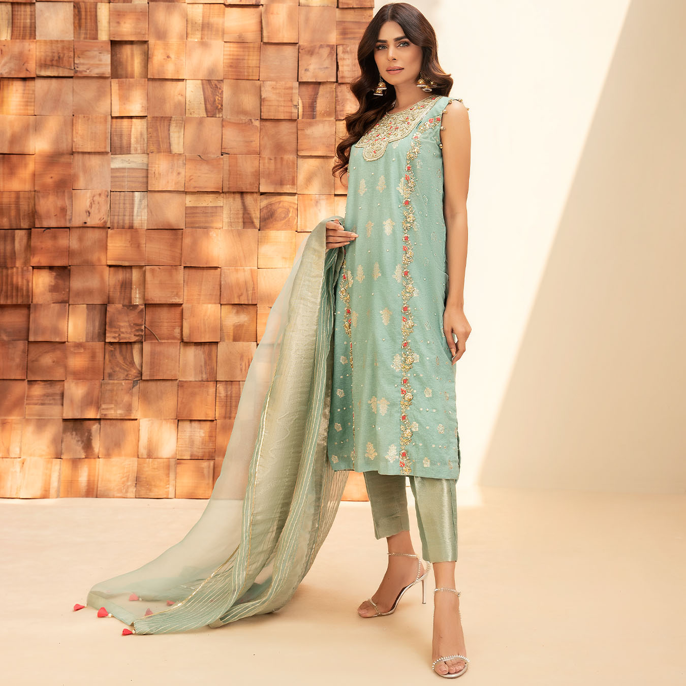 Pakistani Duckegg Blue Hand-Embroidered Karandi Zari Salwar Kameez (3-Piece) - Image 1