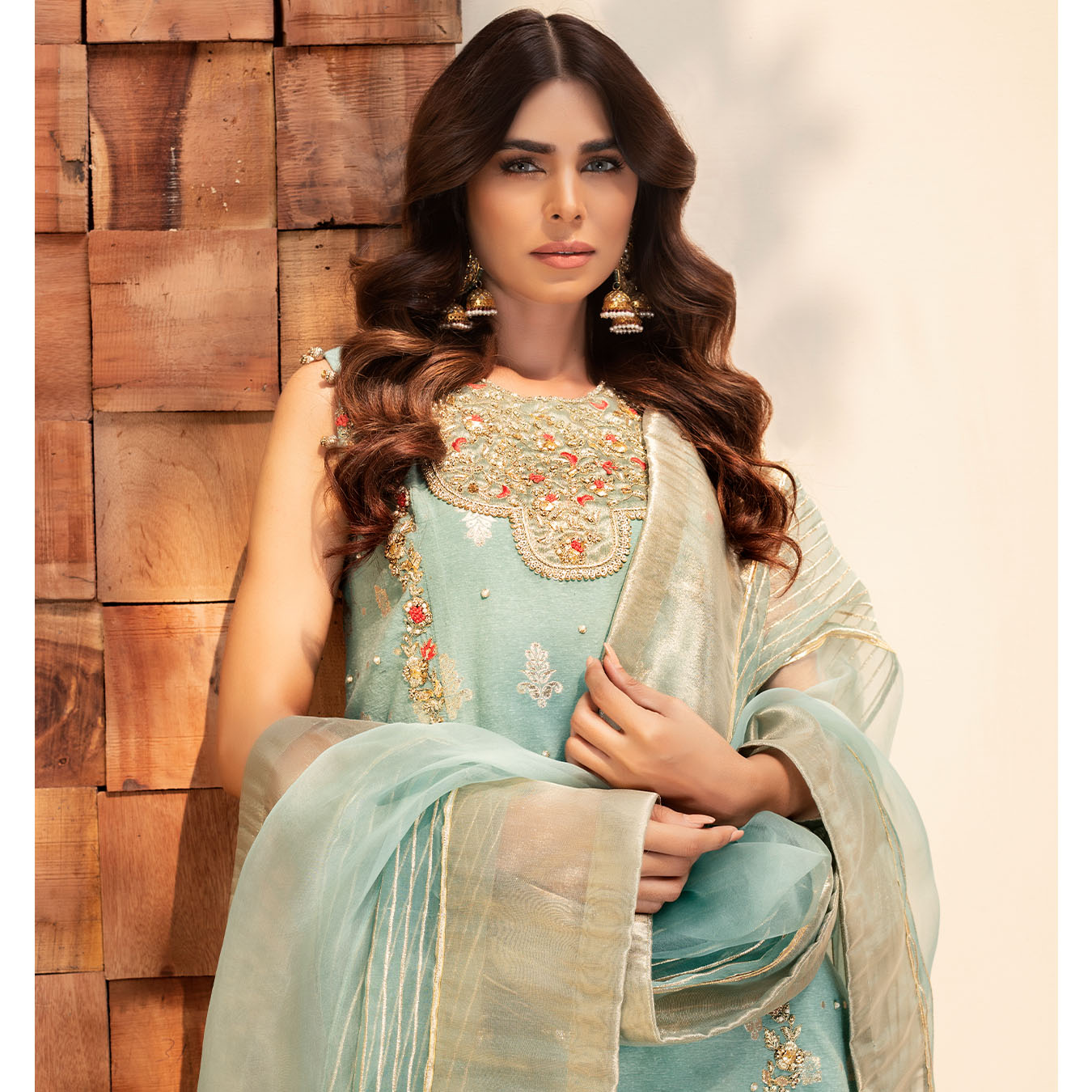Pakistani Duckegg Blue Hand-Embroidered Karandi Zari Salwar Kameez (3-Piece) - Image 2