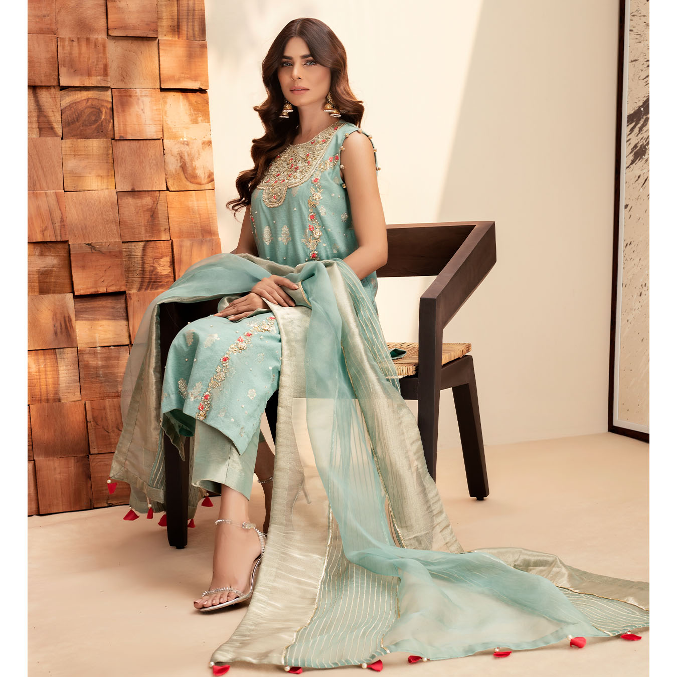 Pakistani Duckegg Blue Hand-Embroidered Karandi Zari Salwar Kameez (3-Piece) - Image 6