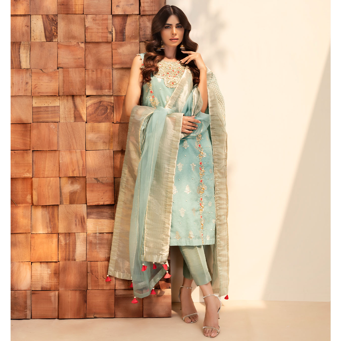 Pakistani Duckegg Blue Hand-Embroidered Karandi Zari Salwar Kameez (3-Piece) - Image 7