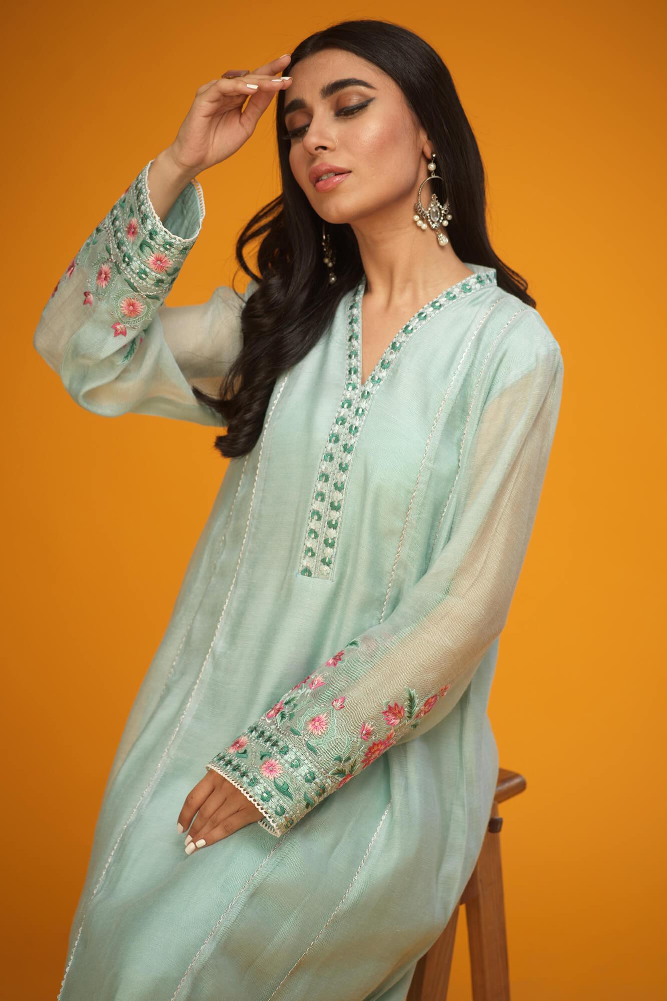 Ice Blue Embroidered Khaadi Net Flared Dress (3-Piece) - Image 1