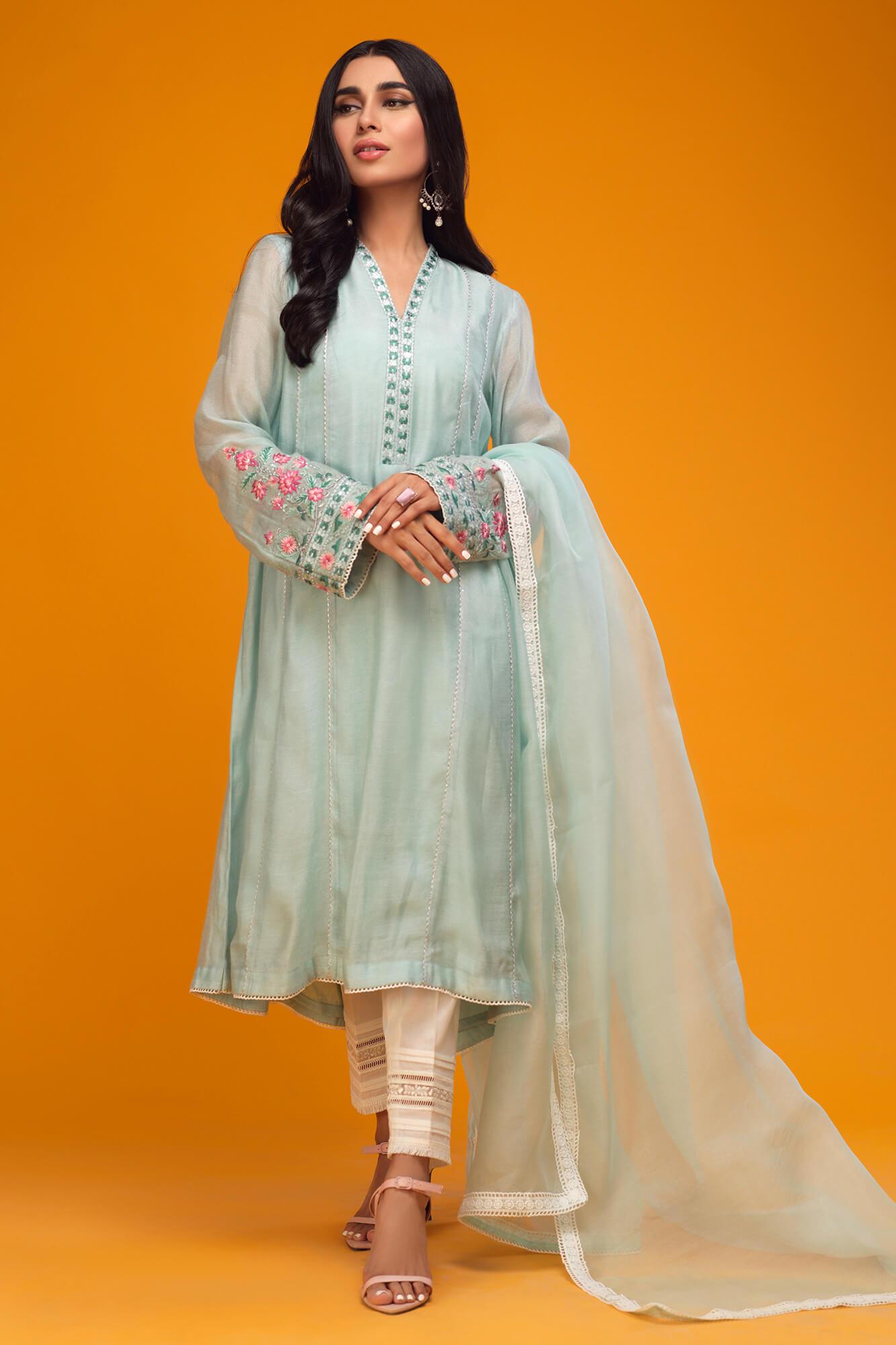 Ice Blue Embroidered Khaadi Net Flared Dress (3-Piece) - Image 2