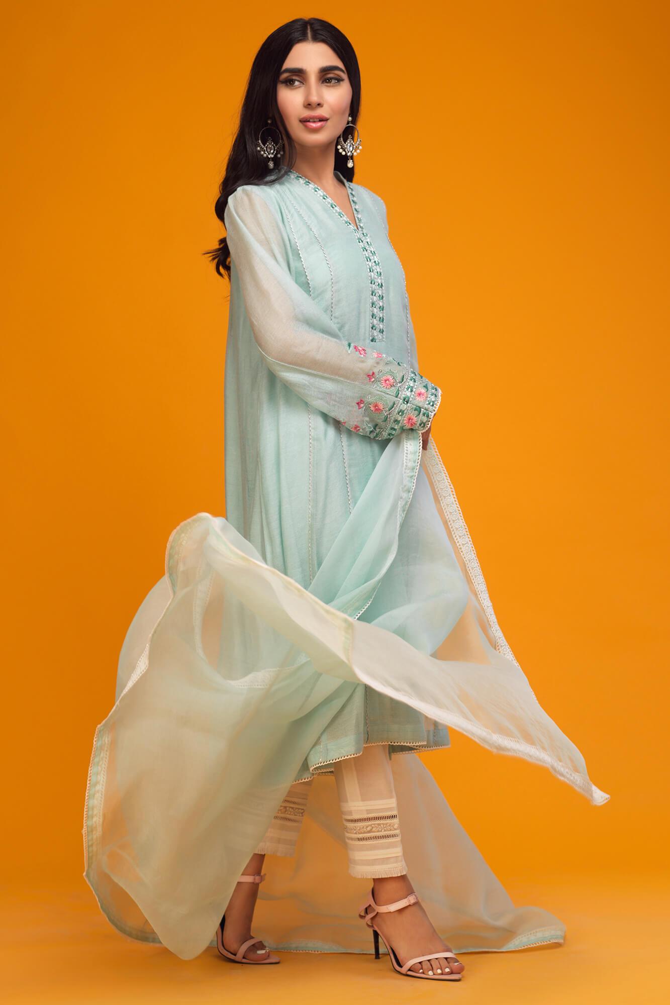 Ice Blue Embroidered Khaadi Net Flared Dress (3-Piece) - Image 3