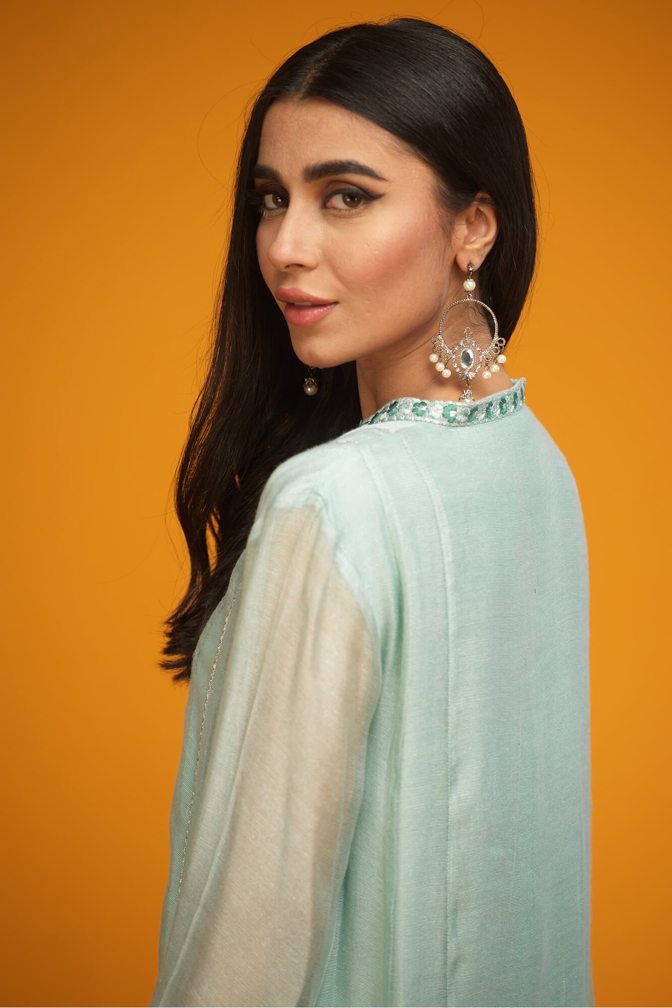 Ice Blue Embroidered Khaadi Net Flared Dress (3-Piece) - Image 4