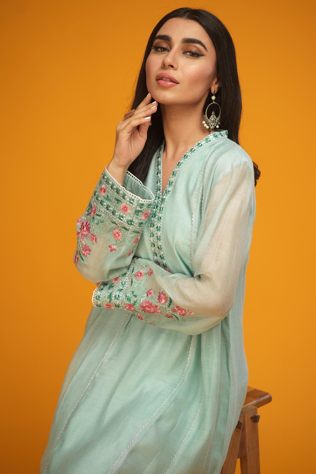 Ice Blue Embroidered Khaadi Net Flared Dress (3-Piece) - Image 5