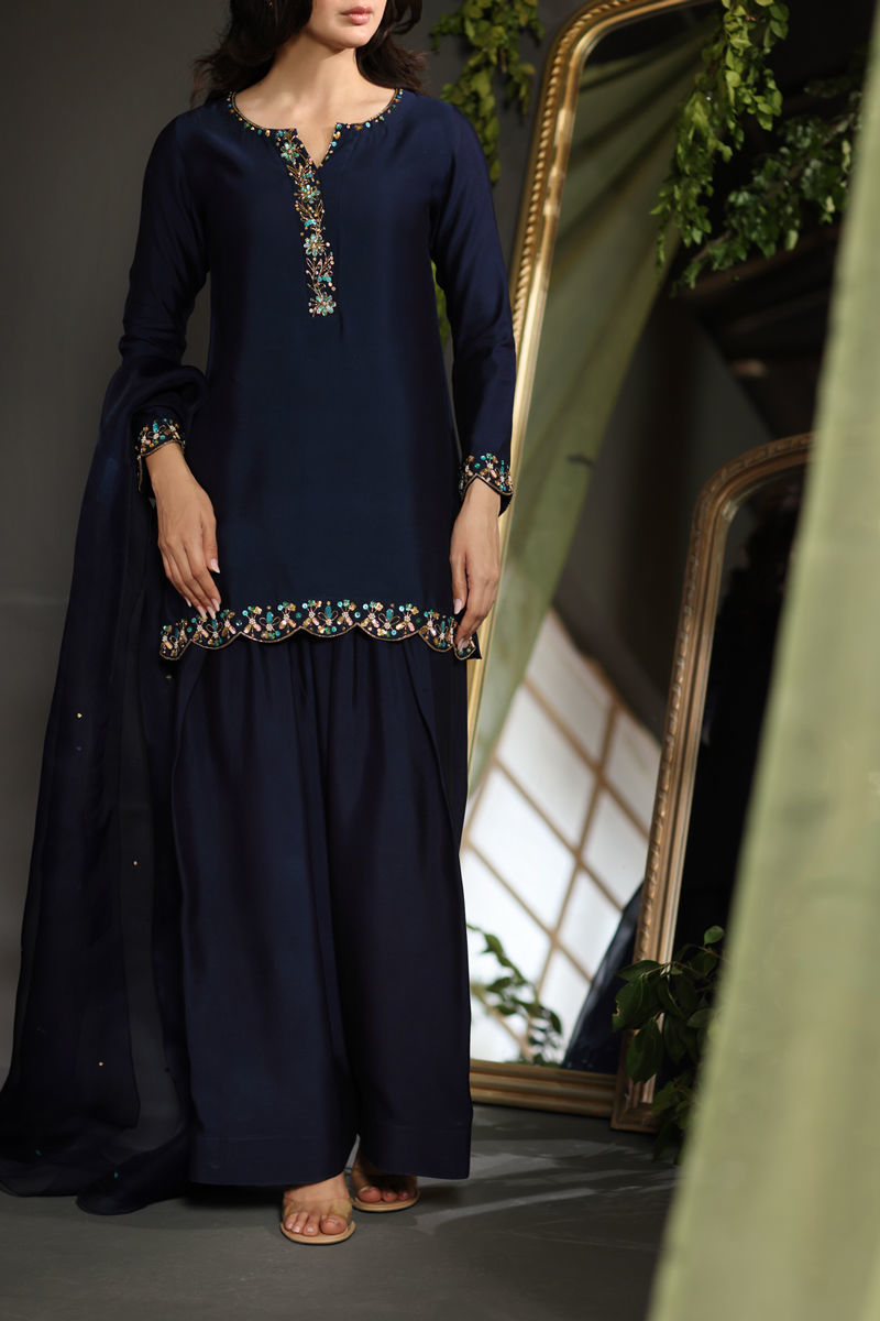 Dark Blue Hand-Embellished Khaadi Silk Salwar Kameez (3-Piece) - Image 1
