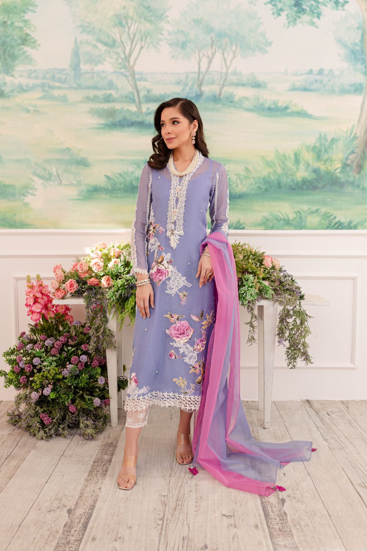 Blue Lace & Floral Appliqué Khaddi Net Salwar Kameez (3-Piece) - Image 1