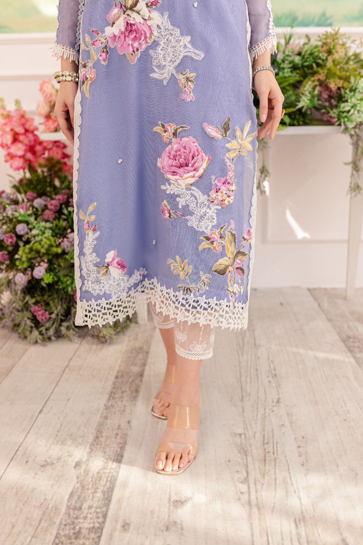 Blue Lace & Floral Appliqué Khaddi Net Salwar Kameez (3-Piece) - Image 6