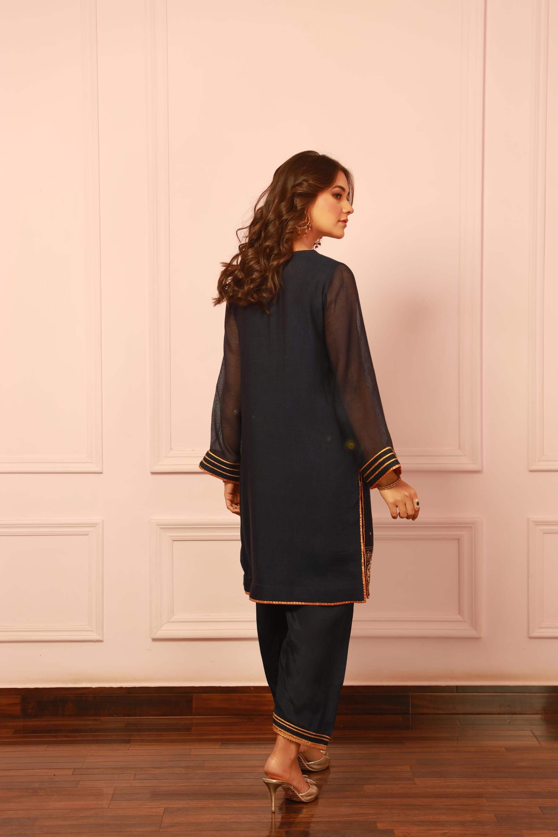 Ink Blue Embroidered Khaddi Net Kurti & Silk Shalwar (2-Piece) - Image 1