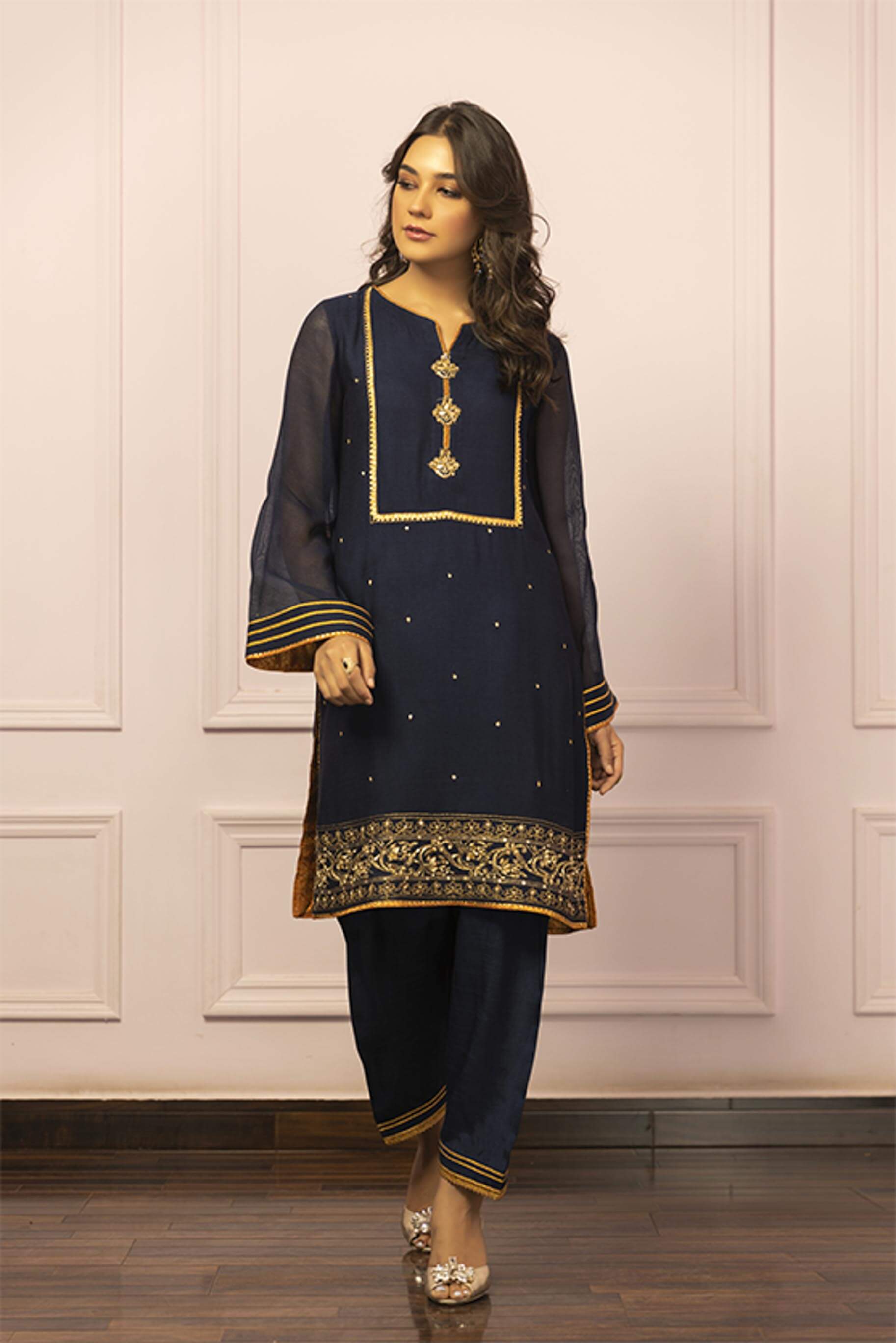 Ink Blue Embroidered Khaddi Net Kurti & Silk Shalwar (2-Piece) - Image 2