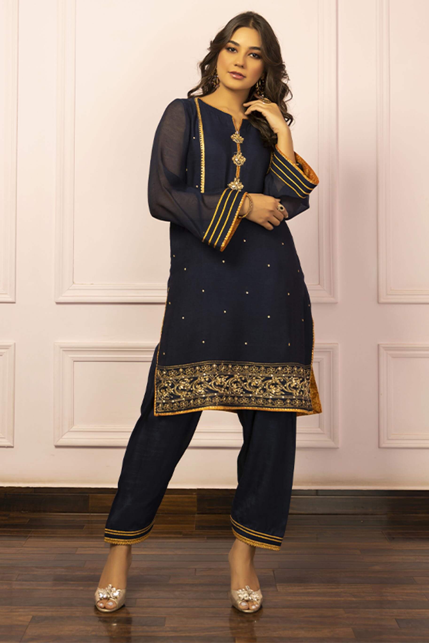 Ink Blue Embroidered Khaddi Net Kurti & Silk Shalwar (2-Piece) - Image 3