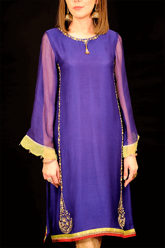 Pakistani Blue Handworked Khaddi Net Kurta (2-Piece) - Image 1