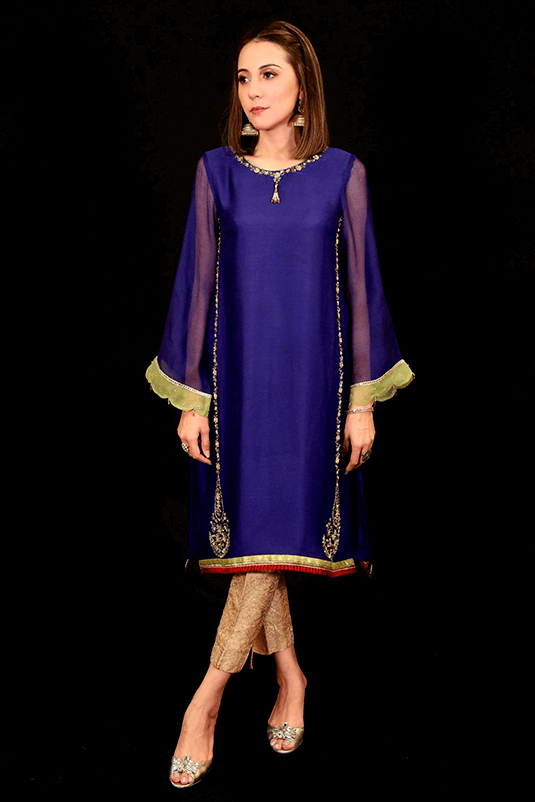 Pakistani Blue Handworked Khaddi Net Kurta (2-Piece) - Image 2