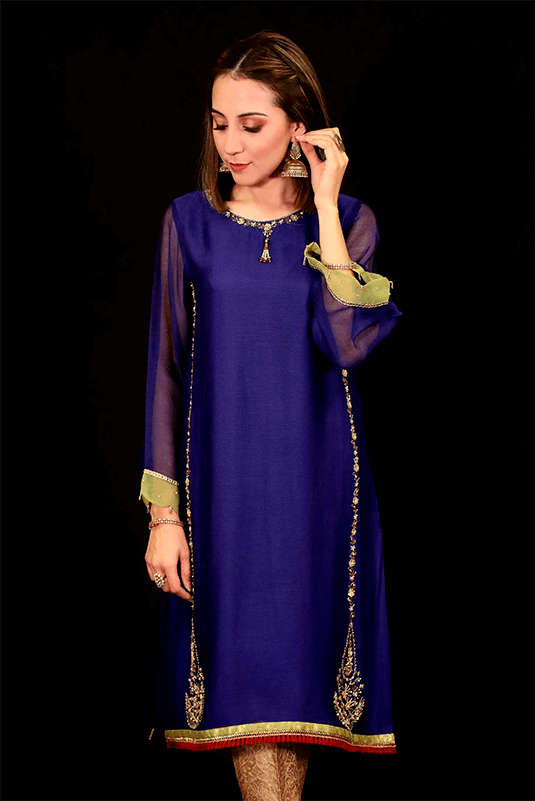 Pakistani Blue Handworked Khaddi Net Kurta (2-Piece) - Image 3