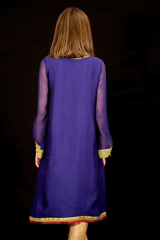 Pakistani Blue Handworked Khaddi Net Kurta (2-Piece) - Image 4