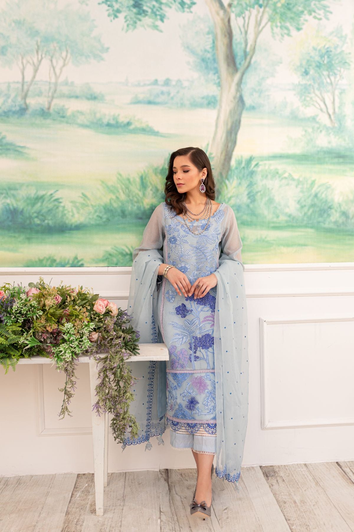 Pakistani Powder Blue Embroidered Khaddi Net & Organza Suit (4-Piece) - Image 1