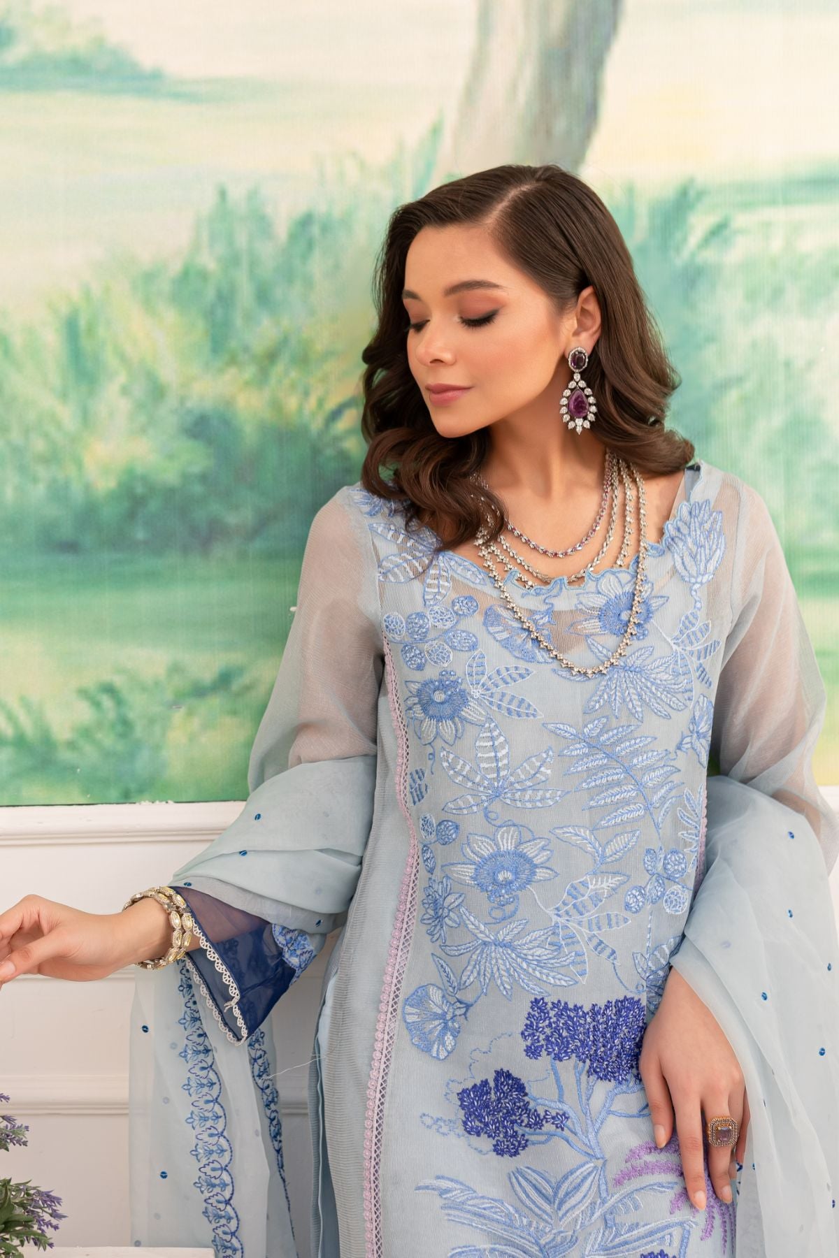 Pakistani Powder Blue Embroidered Khaddi Net & Organza Suit (4-Piece) - Image 5