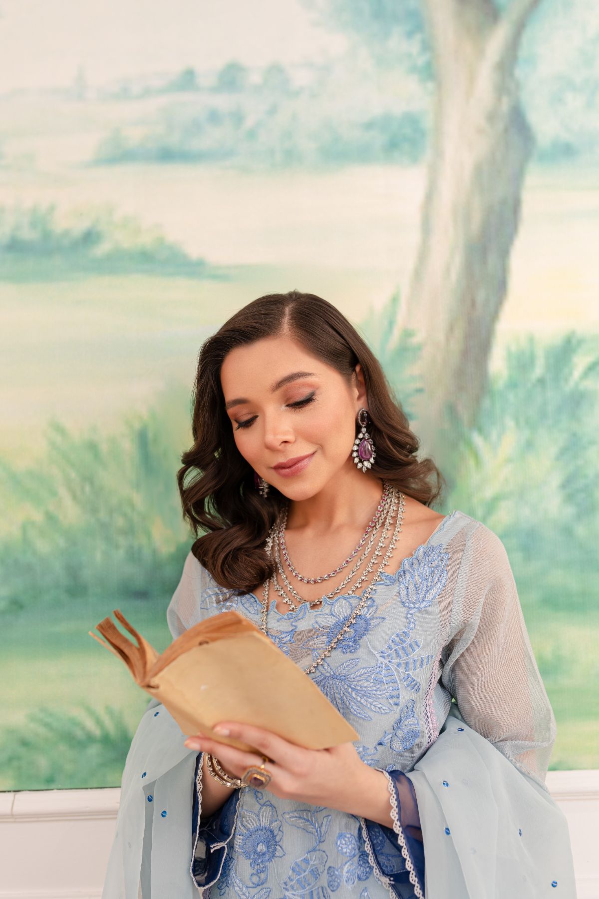 Pakistani Powder Blue Embroidered Khaddi Net & Organza Suit (4-Piece) - Image 6