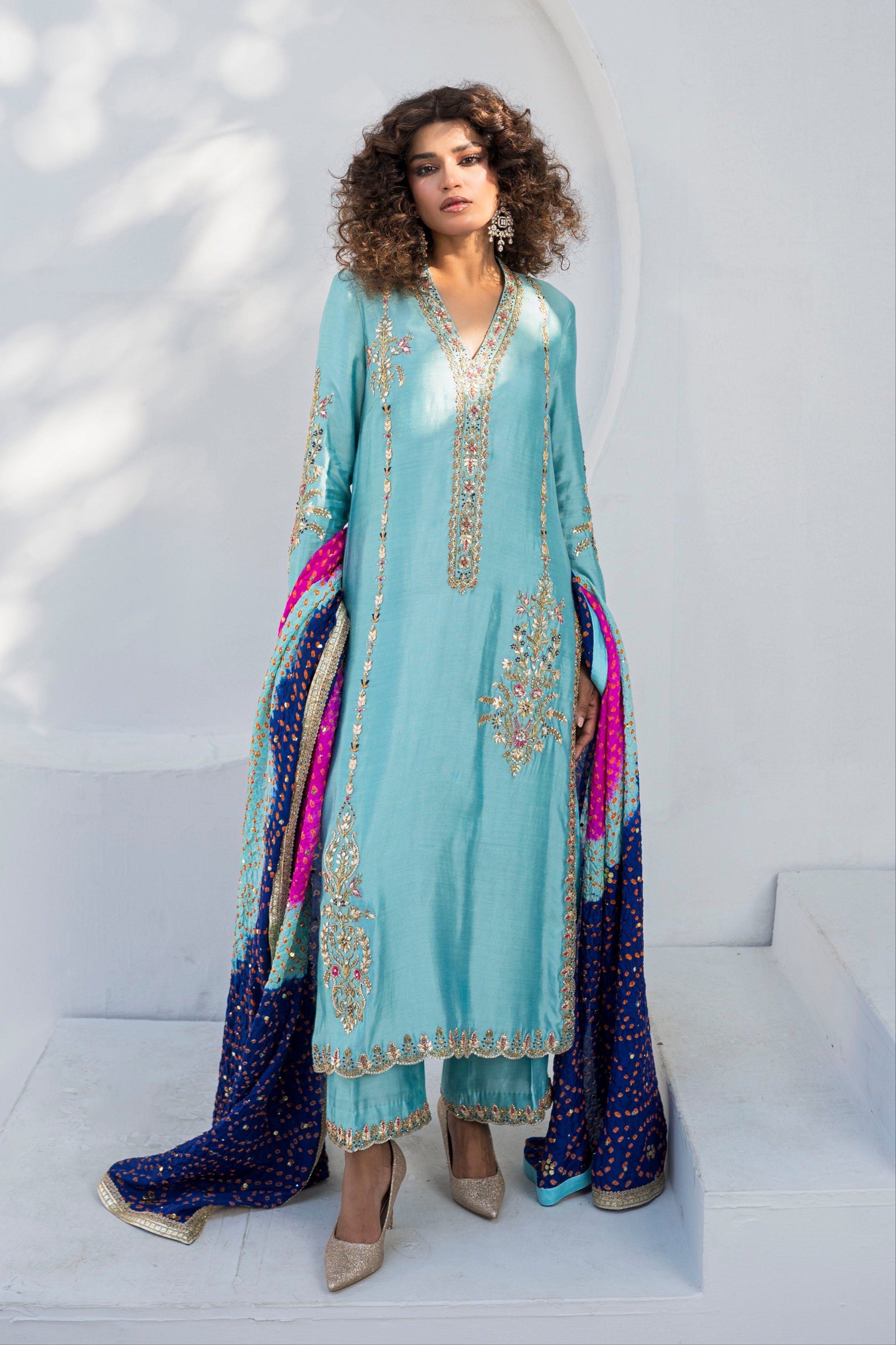 Capri Blue Embroidered Khaddi Silk Salwar Kameez (3-Piece) - Image 1