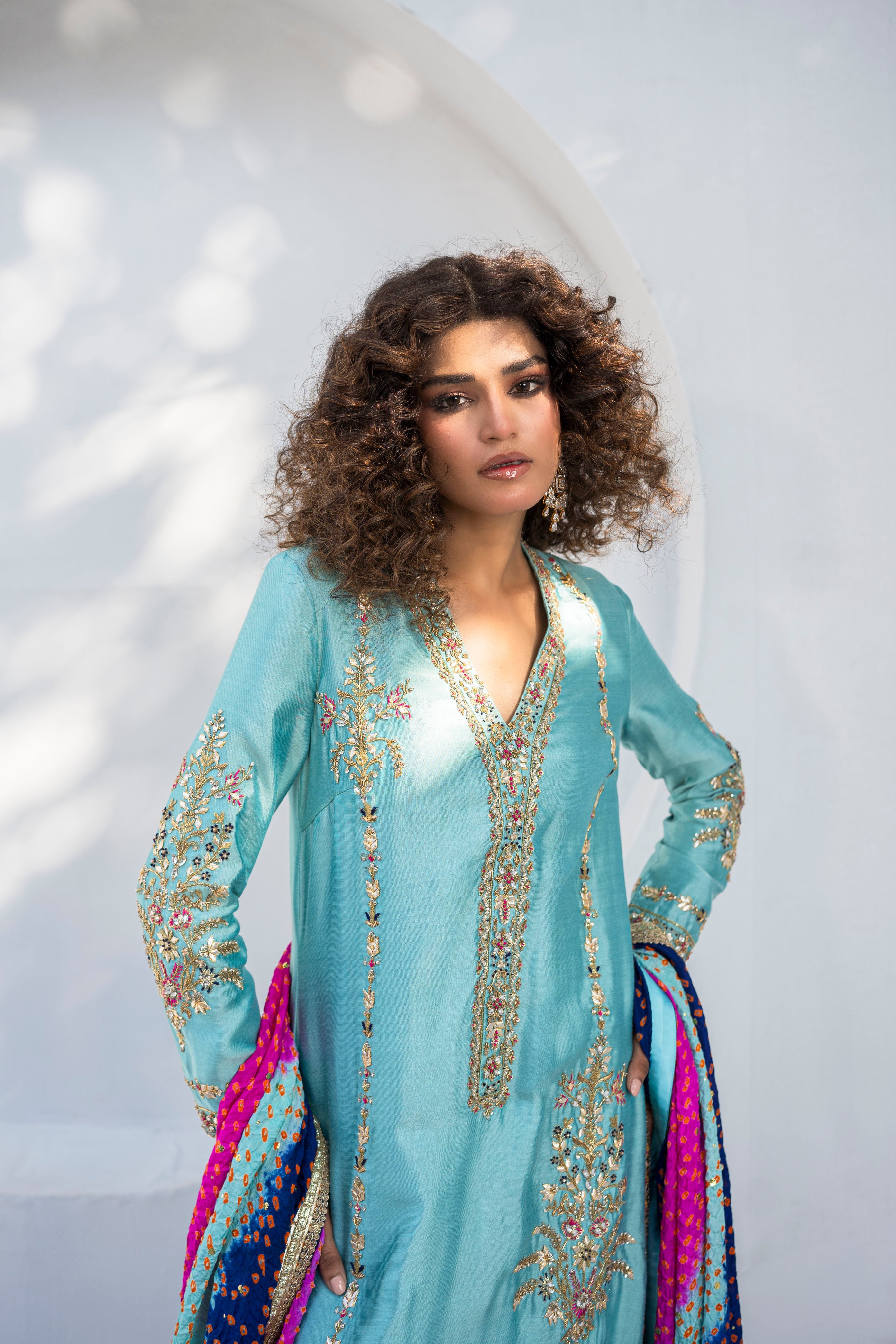 Capri Blue Embroidered Khaddi Silk Salwar Kameez (3-Piece) - Image 2