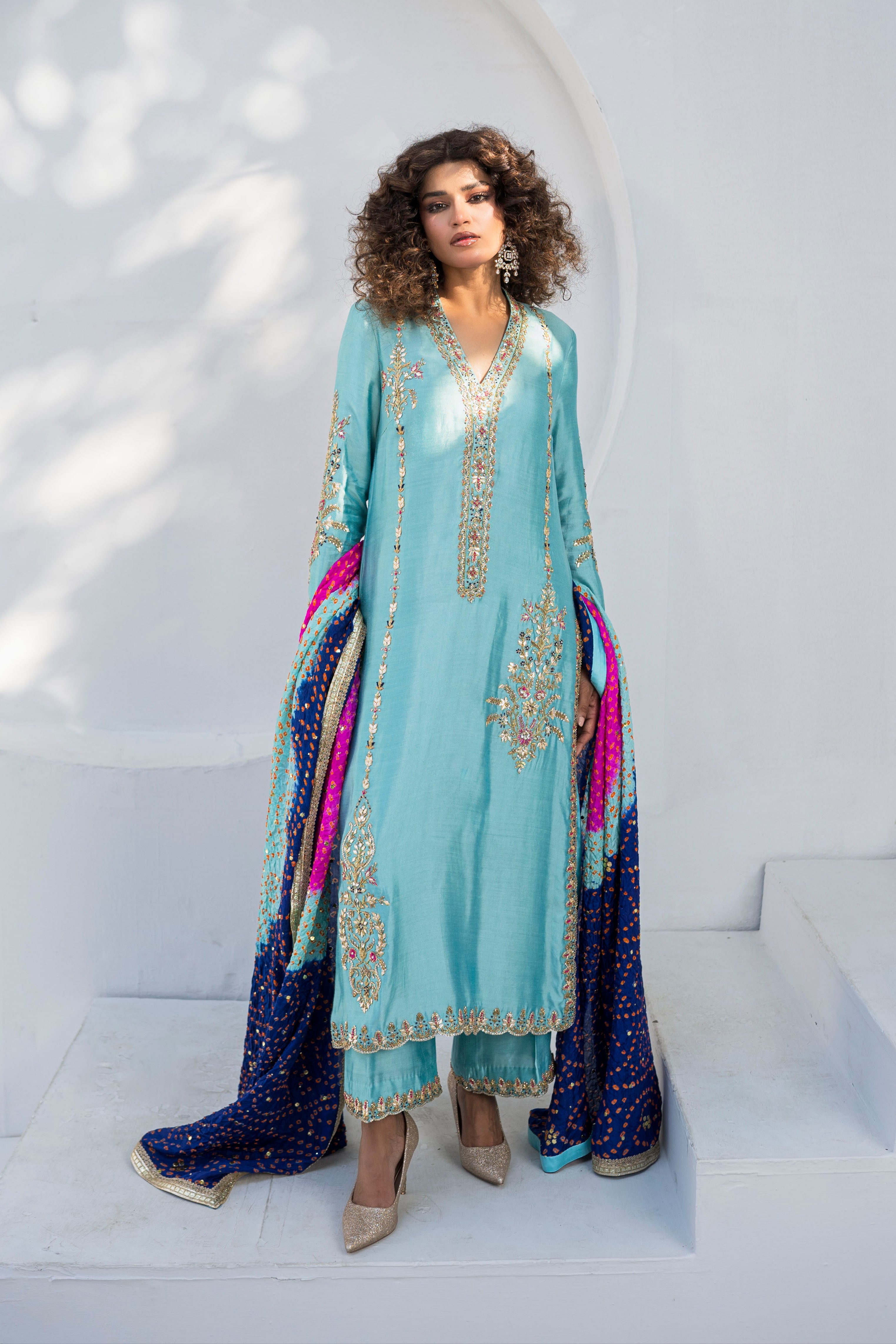Capri Blue Embroidered Khaddi Silk Salwar Kameez (3-Piece) - Image 4