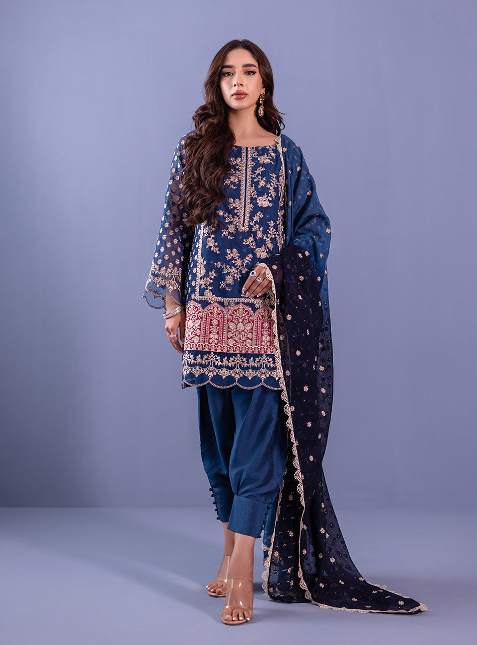 Midnight Blue Embroidered Khadi Net Salwar Kameez (3-Piece) - Image 1