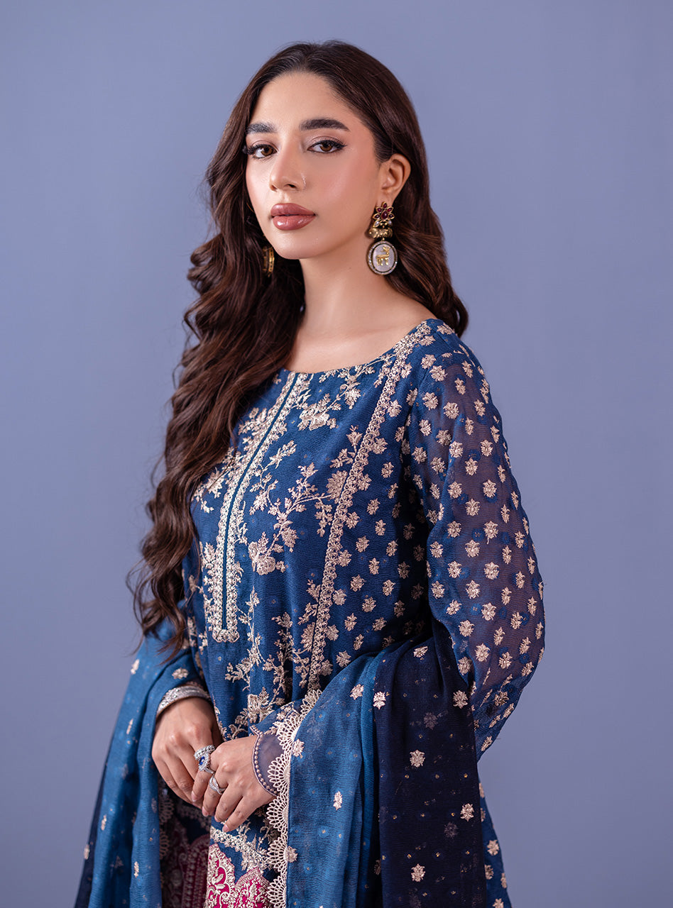 Midnight Blue Embroidered Khadi Net Salwar Kameez (3-Piece) - Image 2