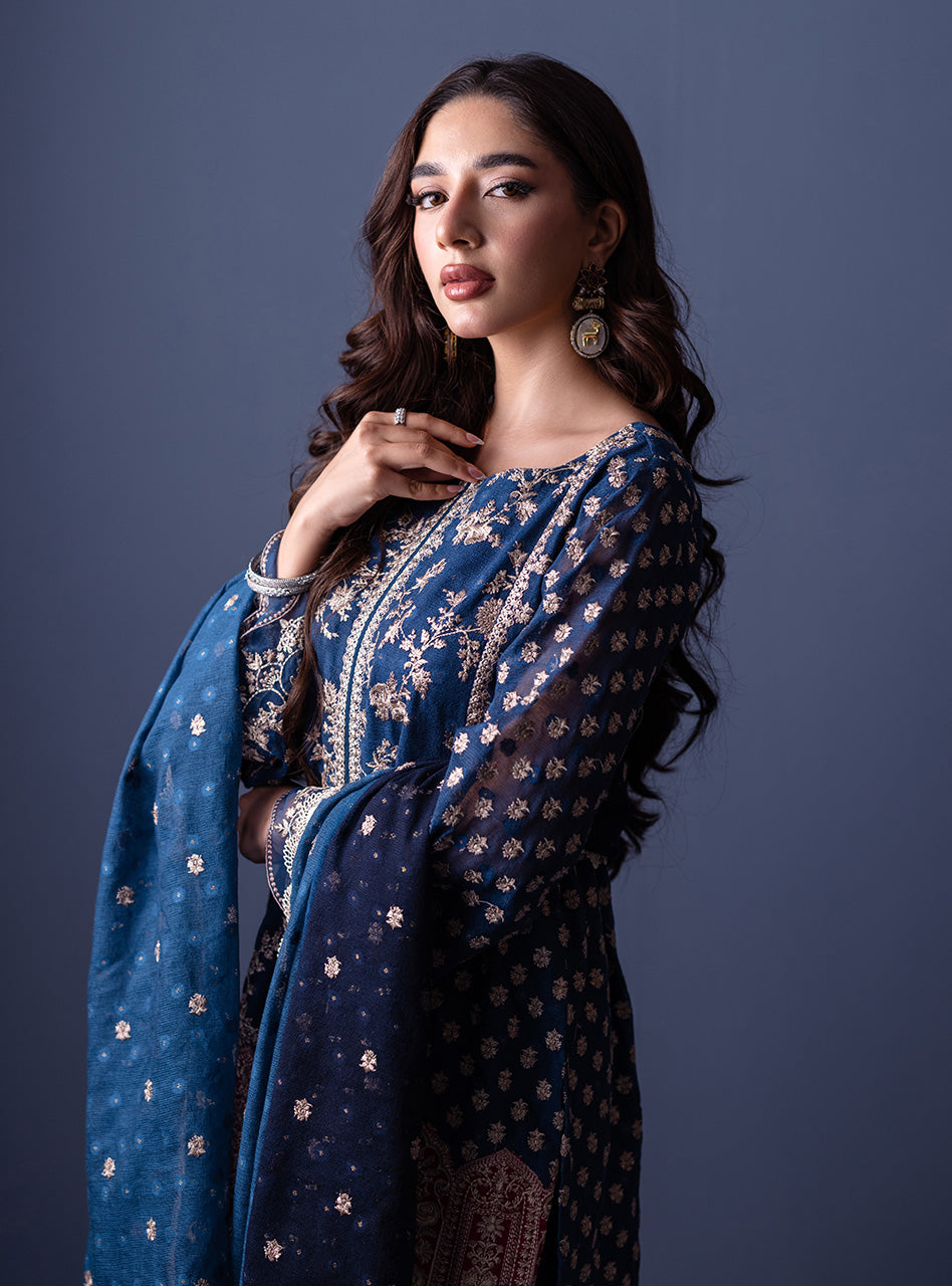 Midnight Blue Embroidered Khadi Net Salwar Kameez (3-Piece) - Image 3