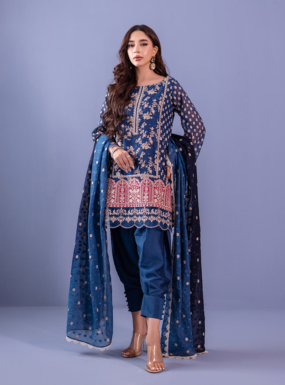 Midnight Blue Embroidered Khadi Net Salwar Kameez (3-Piece) - Image 4