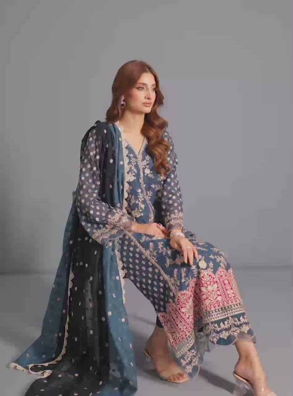 Midnight Blue Embroidered Khadi Net Salwar Kameez (3-Piece) - Image 5