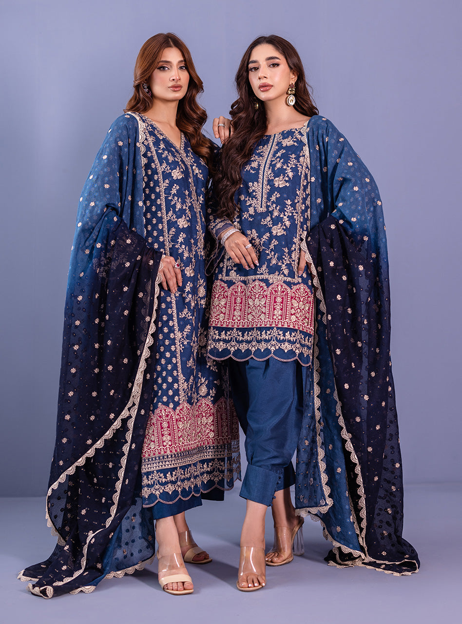 Midnight Blue Embroidered Khadi Net Salwar Kameez (3-Piece) - Image 6