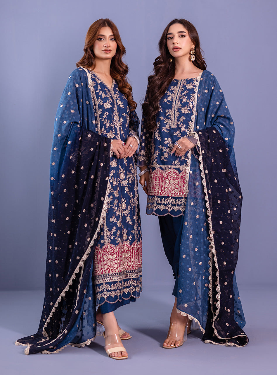 Midnight Blue Embroidered Khadi Net Salwar Kameez (3-Piece) - Image 7