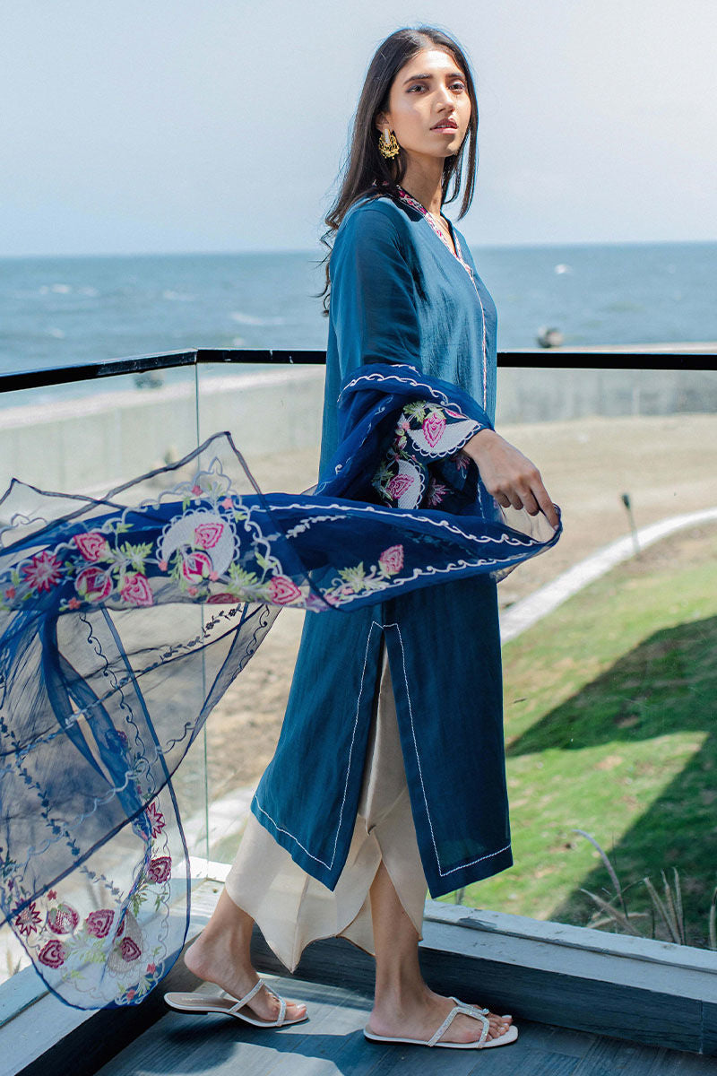 Cobalt Blue Embroidered Kora Cotton Salwar Kameez (3-Piece) - Image 3