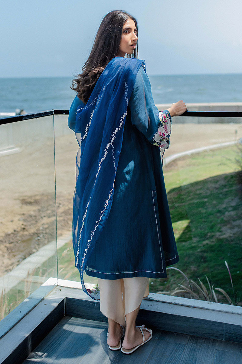 Cobalt Blue Embroidered Kora Cotton Salwar Kameez (3-Piece) - Image 4