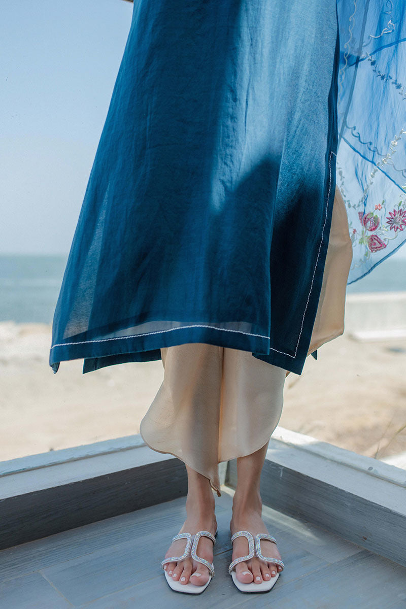 Cobalt Blue Embroidered Kora Cotton Salwar Kameez (3-Piece) - Image 6