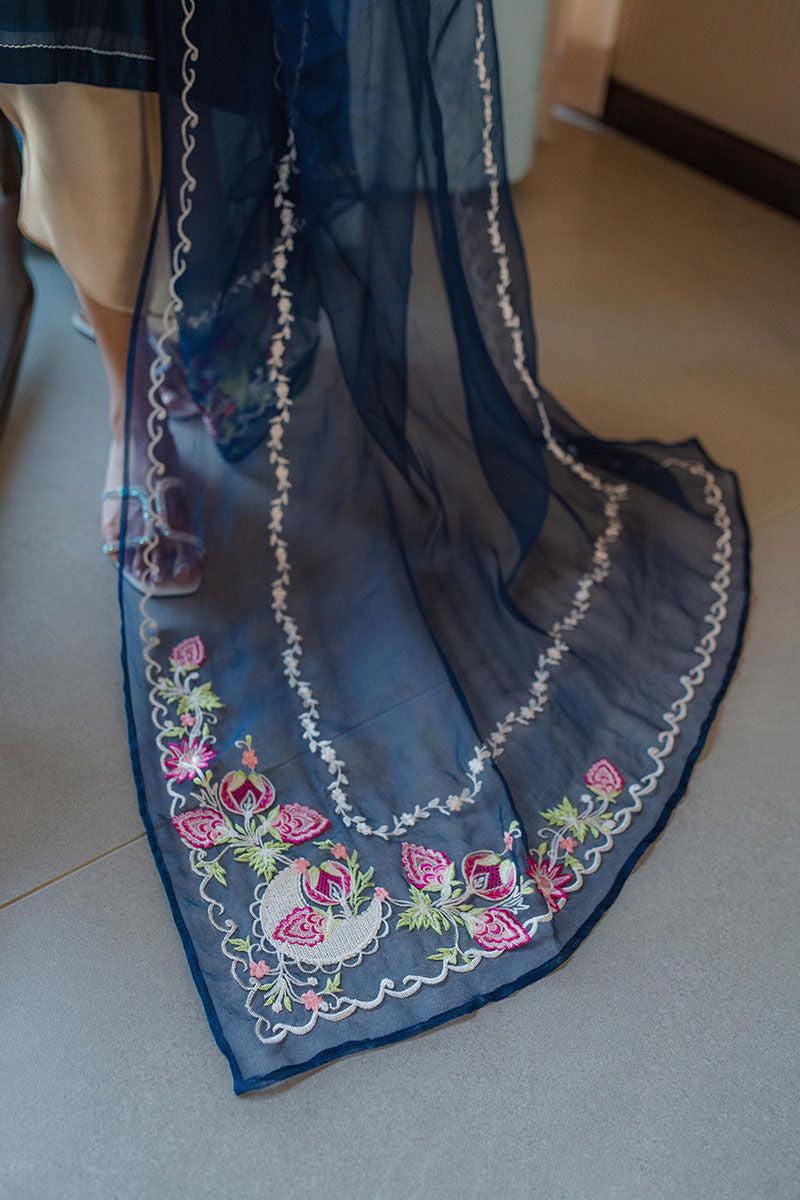 Cobalt Blue Embroidered Kora Cotton Salwar Kameez (3-Piece) - Image 9