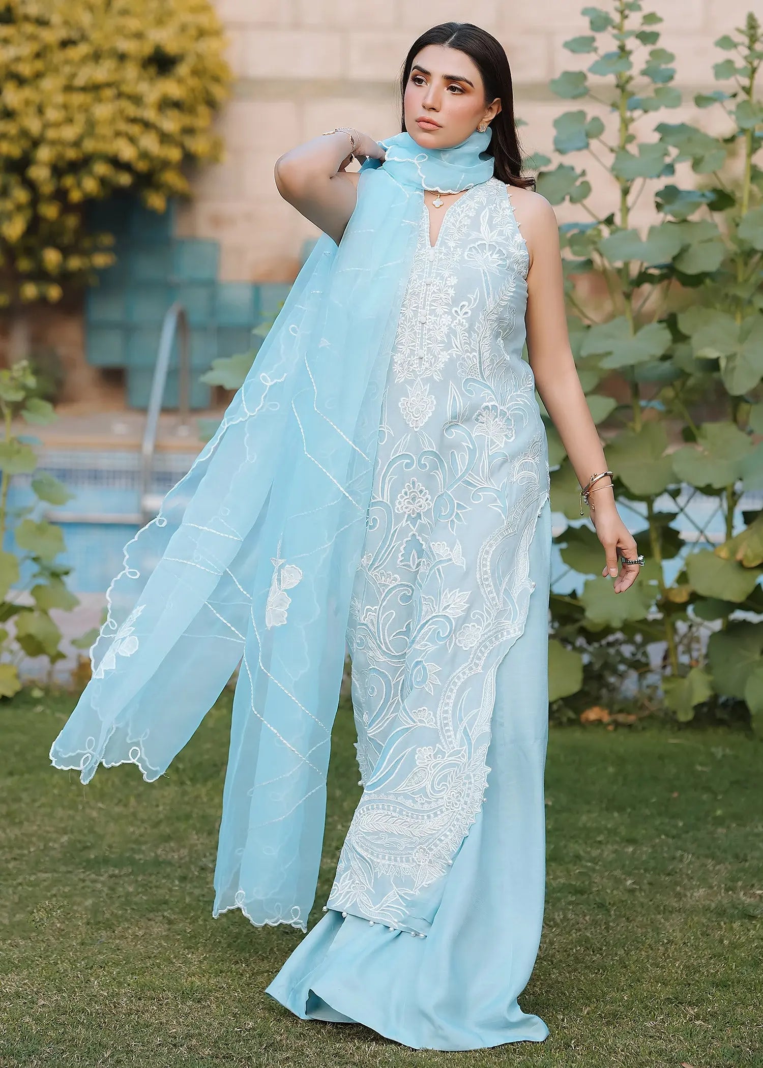 Pakistani Ice Blue Embroidered Kora Cotton & Raw Silk Salwar Kameez (3-Piece) - Image 1